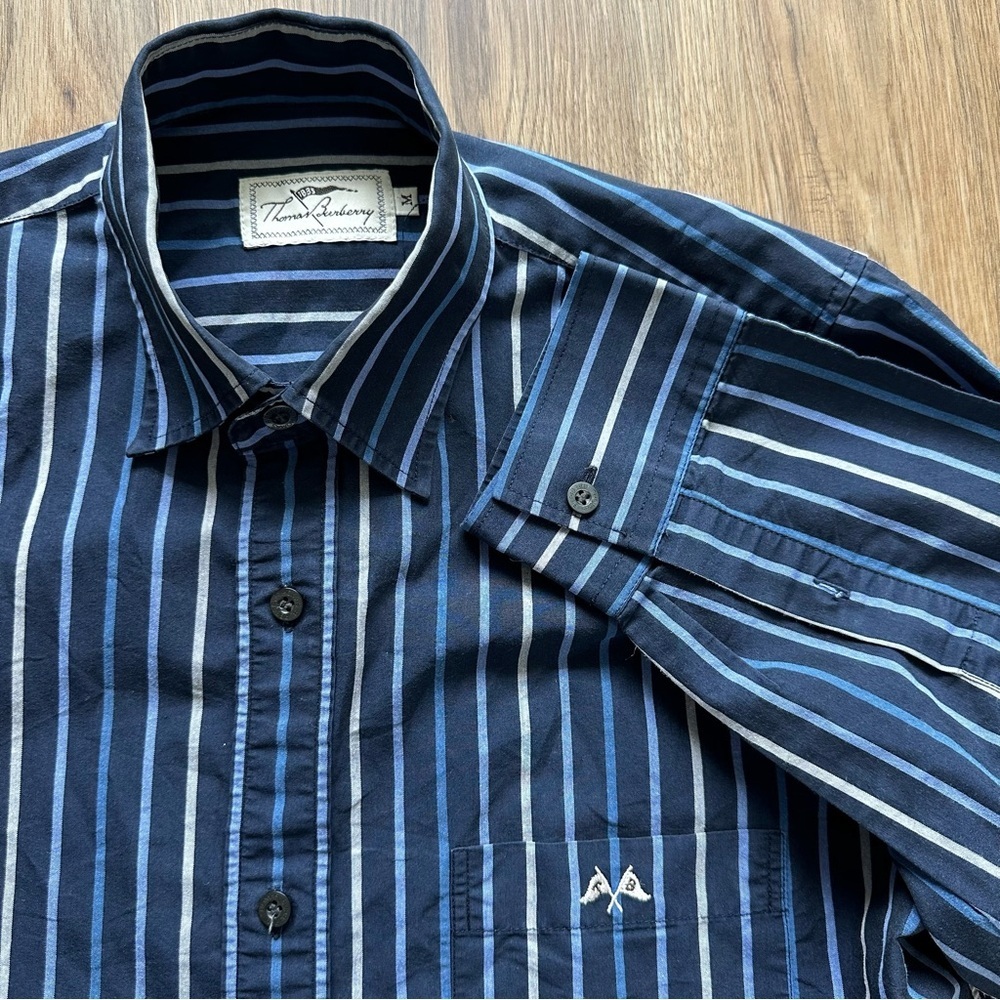 Thomas Burberry Striped Shirt‎ Mens Medium Blue Cotton Embroidered Logo Classic